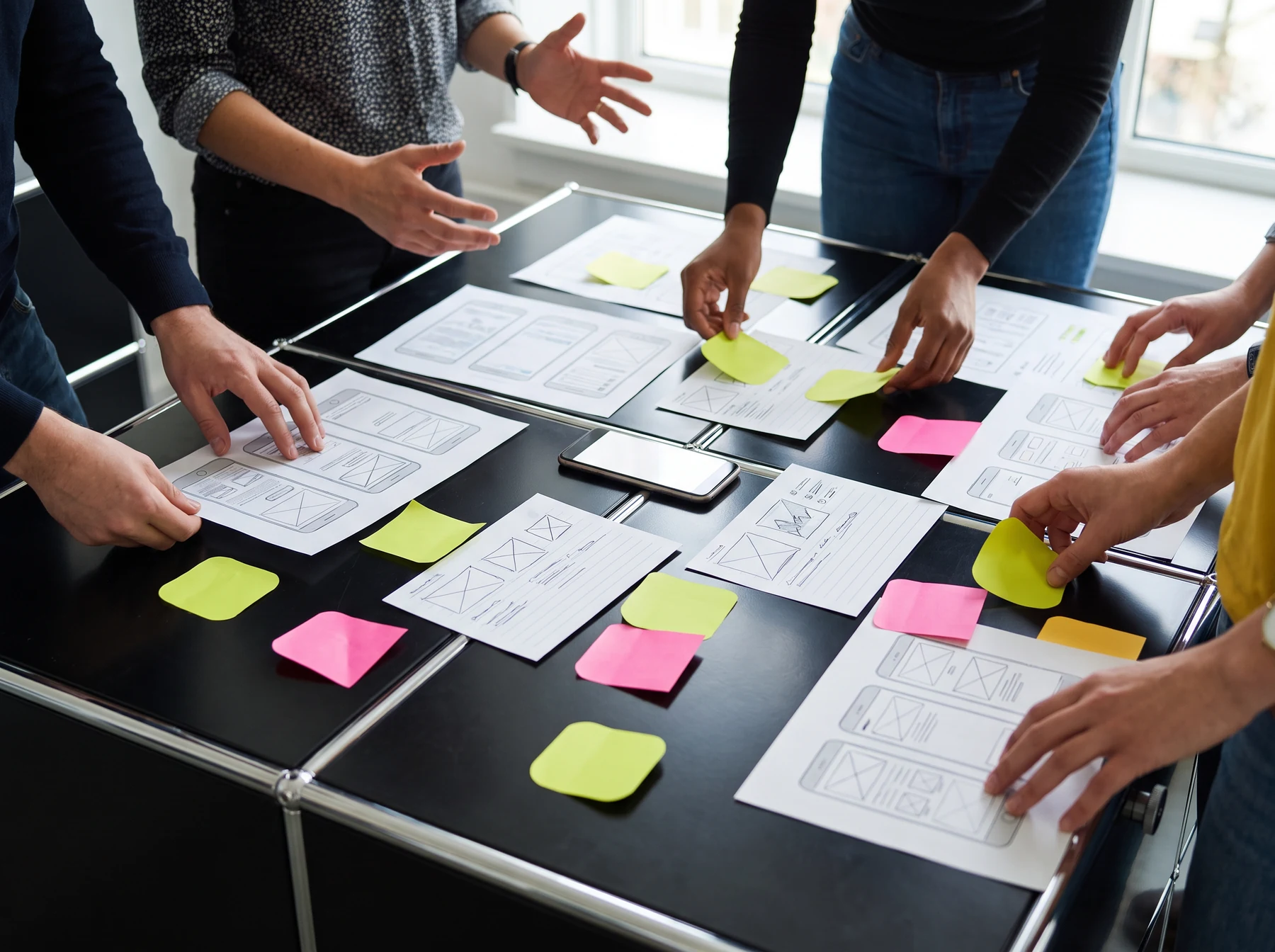 Team arranging wireframes and phones on a worktable