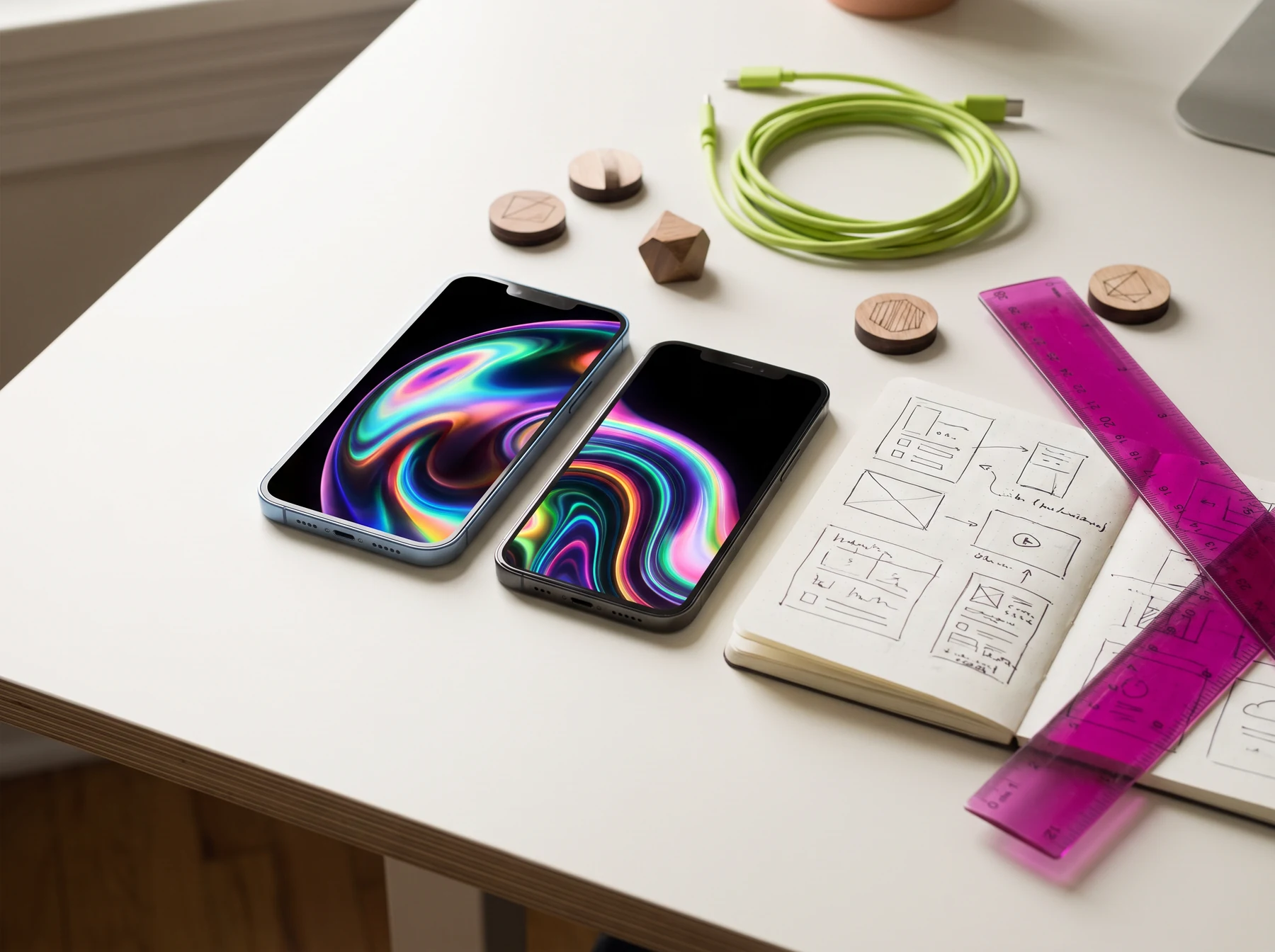 Two smartphones, tokens and notes on a product testing desk