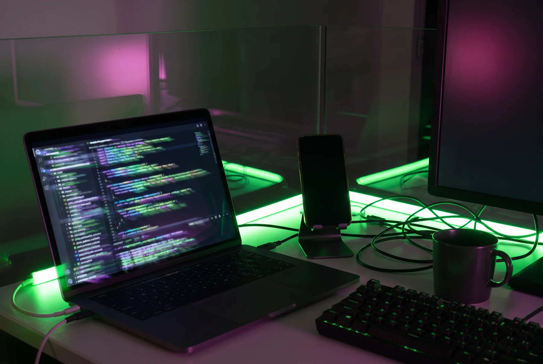 Laptop and phone at a dark mobile app development workstation