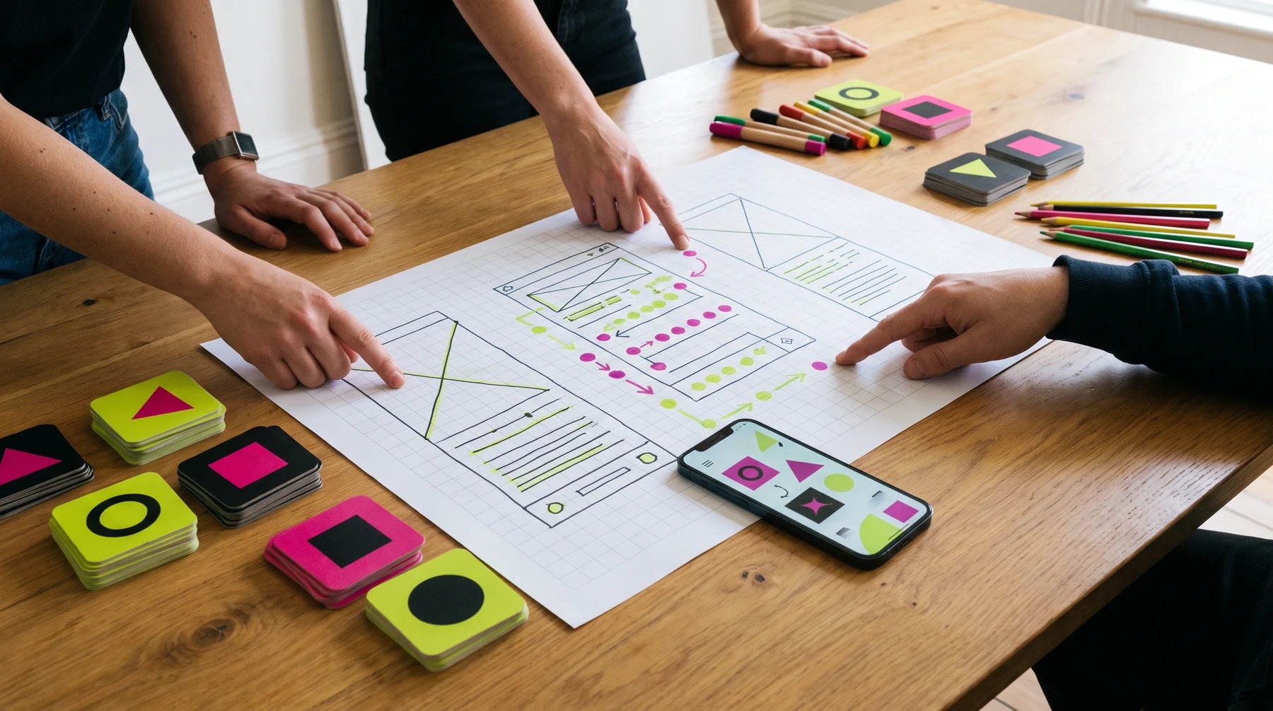 Hands reviewing a mobile product journey diagram